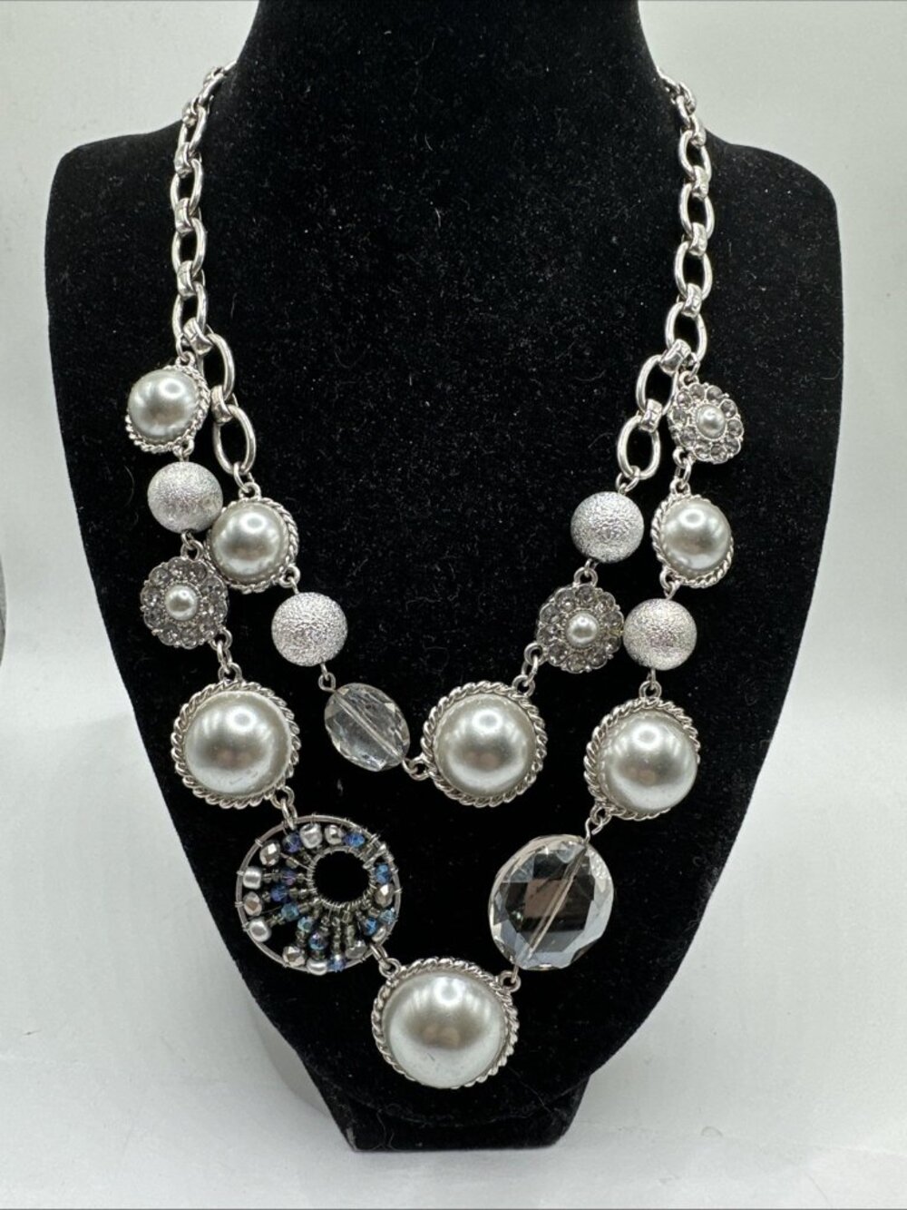 Ann Taylor 2 strand on silver tone chain Faux Pearl Glass Bead Rhinestone 16”20”